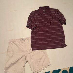 Men’s large PGA tour, dark purple and tan shirt and size 36 khaki dockers shorts
